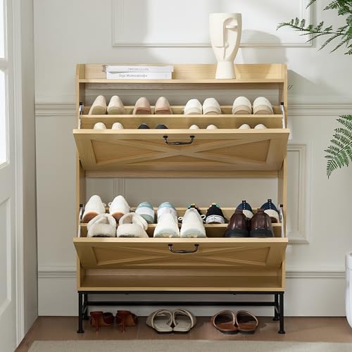 Narrow Shoe Organizer Cabinet with 2 Flip Drawers for Entryway Natural Rattan - Like New