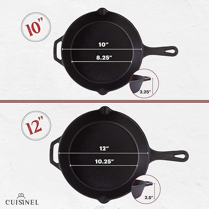 Cuisinel Cast Iron Skillets Set Pre-Seasoned 2-Piece Pan 10" 12" 2 PACK - Black - Like New