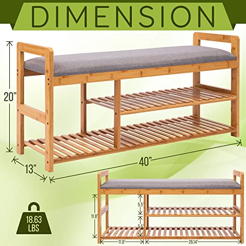 SereneLife 2 in 1 Bamboo Shoe Rack Bench with Storage and Cushion Seat Like New