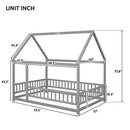 GUBAIAO FULL SIZE PINE WOODEN FLOOR BED WITH HOUSE ROOF FRAME AND FENCE - GREY - Like New