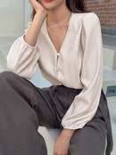 Women’s Casual Blouses V Neck Lantern Sleeve Blouse Work T Shirts ST1778 - M - Brand New