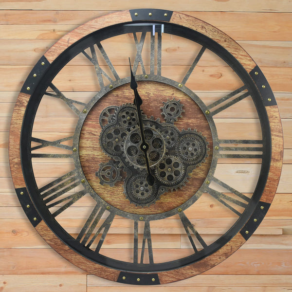 DORBOKER 27" Large Real Moving Gears Wall Clock Toughened Glass Cover - Brown - Like New