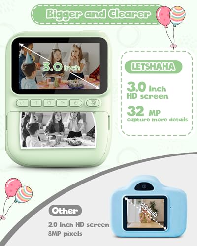 LETSHAHA KIDS INSTANT PRINT CAMERA 3.0" HD 32MP PHOTO INSTANT - Green - Like New