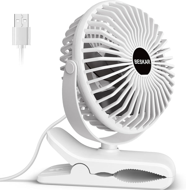 BESKAR Portable Small Clip on Fan with USB Cord Powered, No Battery - White Like New