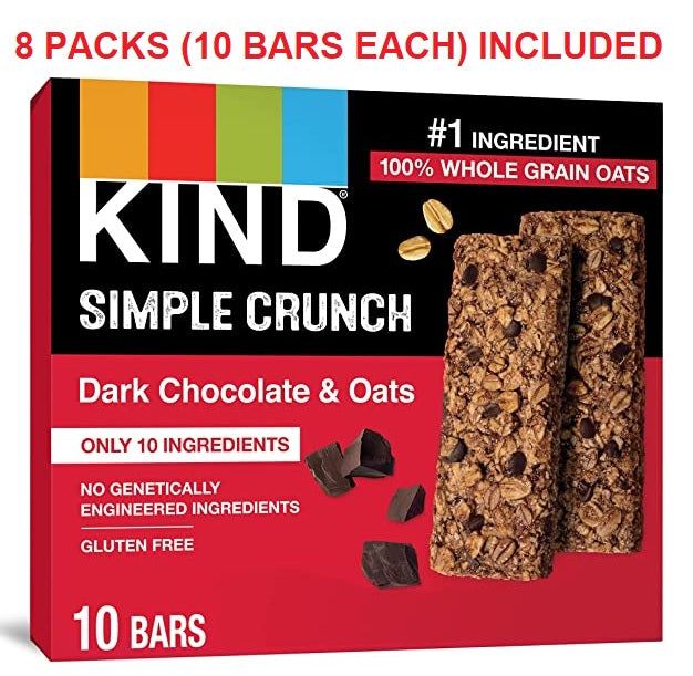 KIND Simple Crunch Bars, Dark Chocolate & Oats, 80 Bars Total, Pack of 8 Brand New