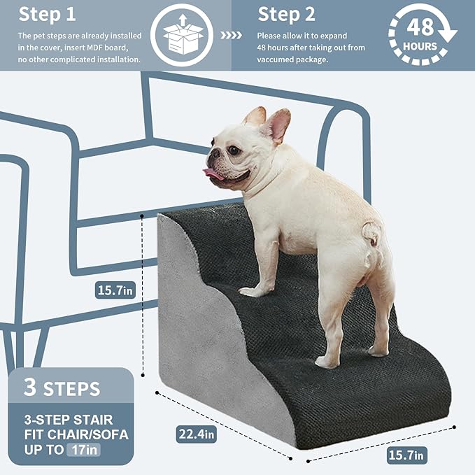 BOMOVA DOG STAIRS TO BED 3 STEP NON-SLIP PET STAIRS FOR HIGH BED & COUCH - GRAY - Like New