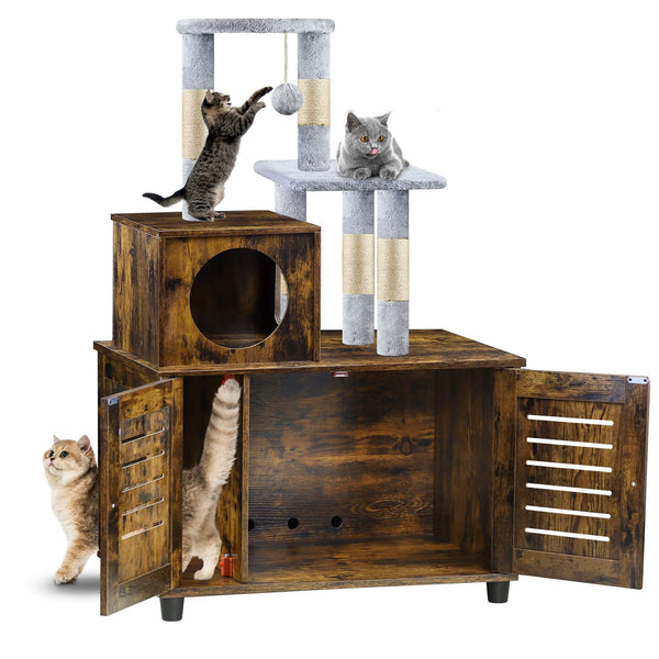 EASYCOM LITTER BOX ENCLOSURE HIDDEN CAT TREE TOWER FURNITURE INDOOR RUSTIC BROWN - Like New