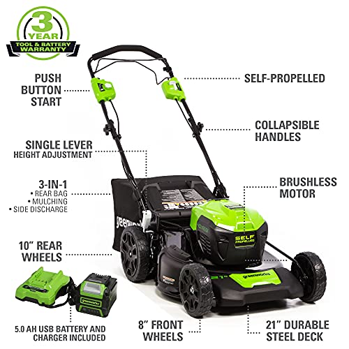 Greenworks 40V 21" Brushless Cordless Self-Propelled Lawn Mower 5.0Ah Battery - Like New