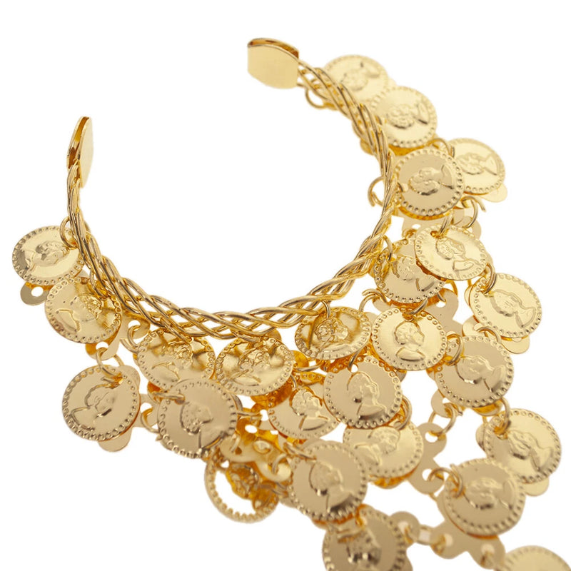 GENERIC ADJUSTABLE BOHEMIAN COIN BRACELET WITH CHAINED RING - GOLD - Like New