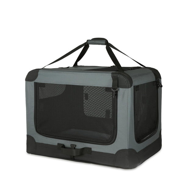 AMAZON BASICS 4-DOORS PORTABLE SOFT-SIDED CRATE KENNEL 26" X 18" X 18" - GRAY - Like New