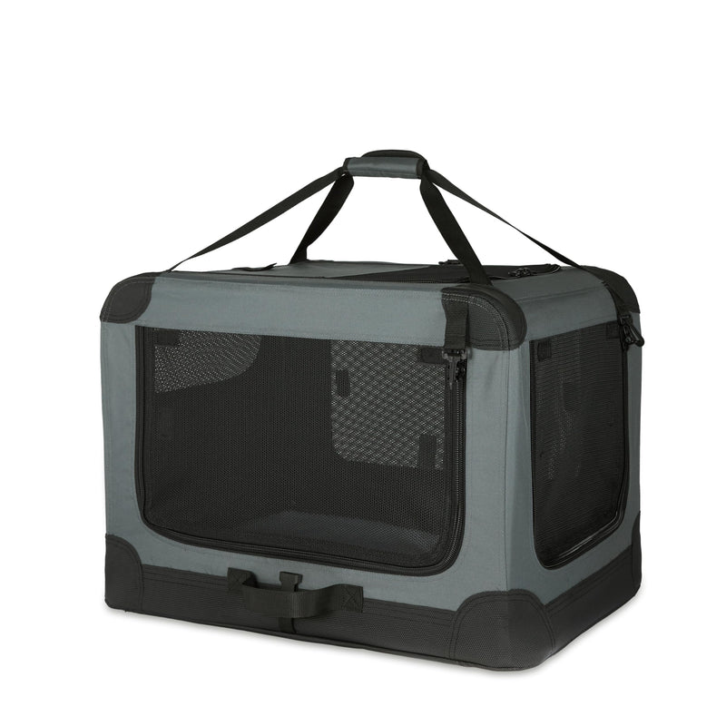 AMAZON BASICS 4-DOORS PORTABLE SOFT-SIDED CRATE KENNEL 26" X 18" X 18" - GRAY - Like New