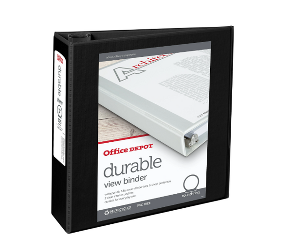 OFFICE DEPOT DURABLE VIEW 3-RING BINDER, 3" ROUND RINGS - BLACK - Scratch & Dent
