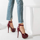 LIURUIJIA Women's Ankle Strap High Heels 7.5 240 - Burgundy - Like New