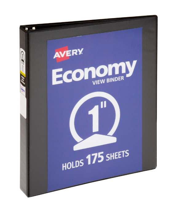 AVERY ECONOMY VIEW 3 RING BINDER, 1 INCH ROUND RINGS, BLACK, 1 BINDER - BLACK - Brand New