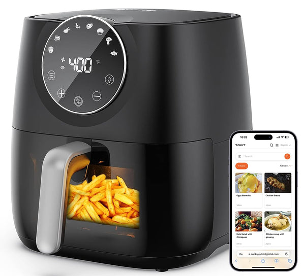 JOYAMI AIR FRYER 6 QT, AIR FRYER WITH WINDOW, RECIPES, 1700W, BLACK Like New