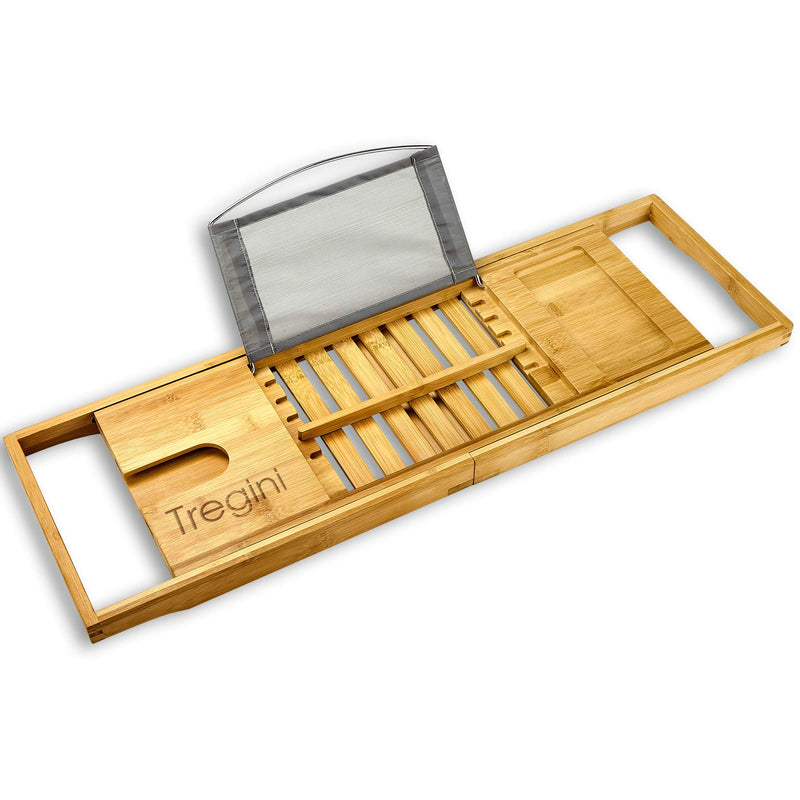 TREGINI LUXURY BATHTUB TRAY CADDY - ADJUSTABLE BAMBOO - NATURAL BAMBOO - Brand New