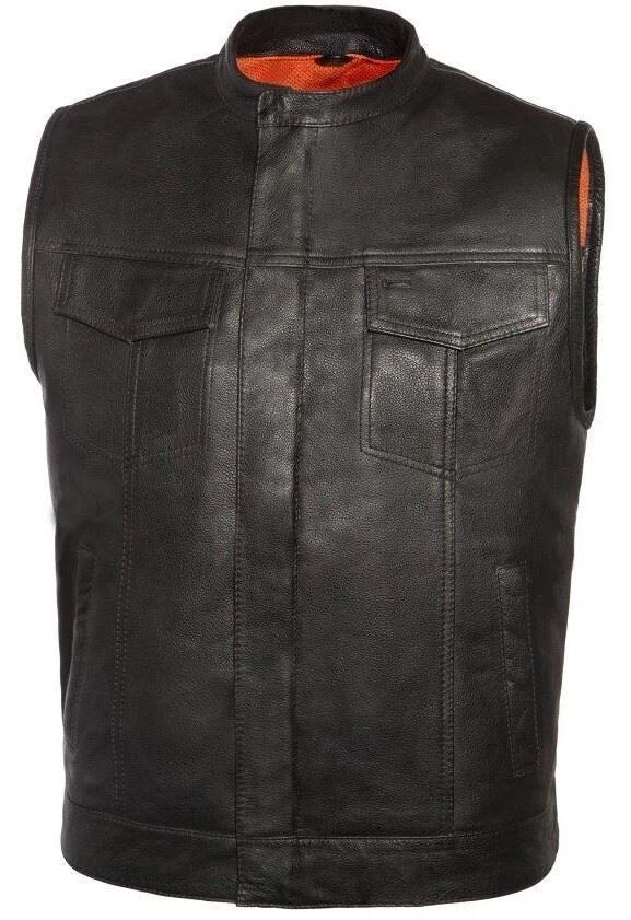 ‎TRUE ELEMENT MENS SOA LEATHER MOTORCYCLE CLUB VEST - SIZE: 2XL - BLACK/ORANGE - Like New
