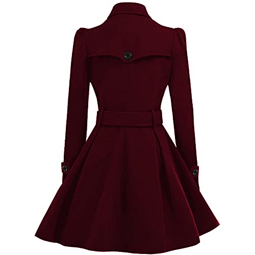 ForeMode Women Swing Double Breasted Wool Pea Coat - Belt Buckle, XL - WINE RED - Brand New