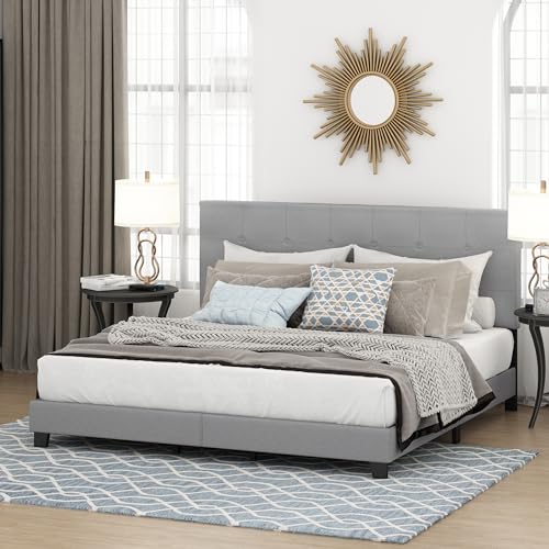 FURINNO LAVAL BUTTON TUFTED UPHOLSTERED PLATFORM BED FRAME - KING, GLACIER - Like New