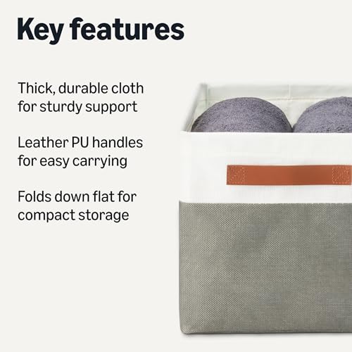 AMAZON BASICS COLLAPSIBLE STORAGE BINS WITH LEATHER HANDLES LARGE - CHARCOAL - Like New