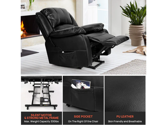 QOMOTOP POWER LIFT FAUX LEATHER RECLINER CHAIR - BLACK - Like New
