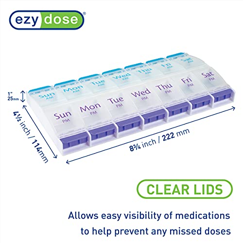 EZY DOSE PUSH BUTTON 7-DAY PILL CASE AM/PM, X-LARGE COMPARTMENTS - BLUE/PURPLE - Brand New