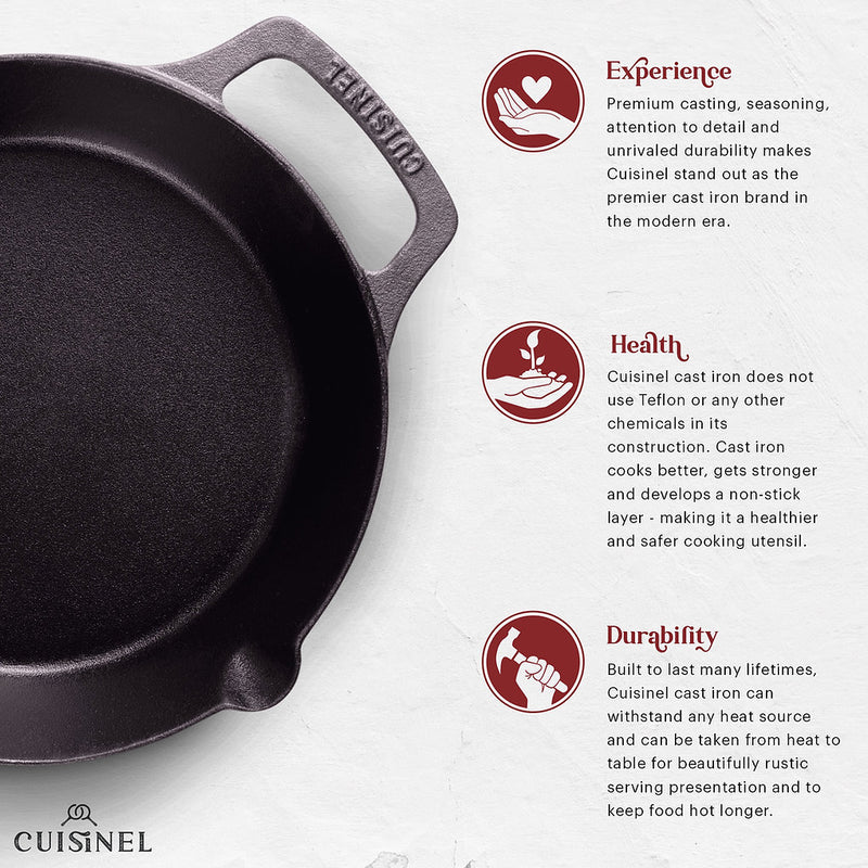 CUISINEL PRE-SEASONED CAST IRON DUAL HANDLE SKILLET 10" & 12" Like New