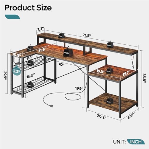 Bestier 71.5 inch Computer Desk with Power Outlets, L Shaped LED Home Office - Like New