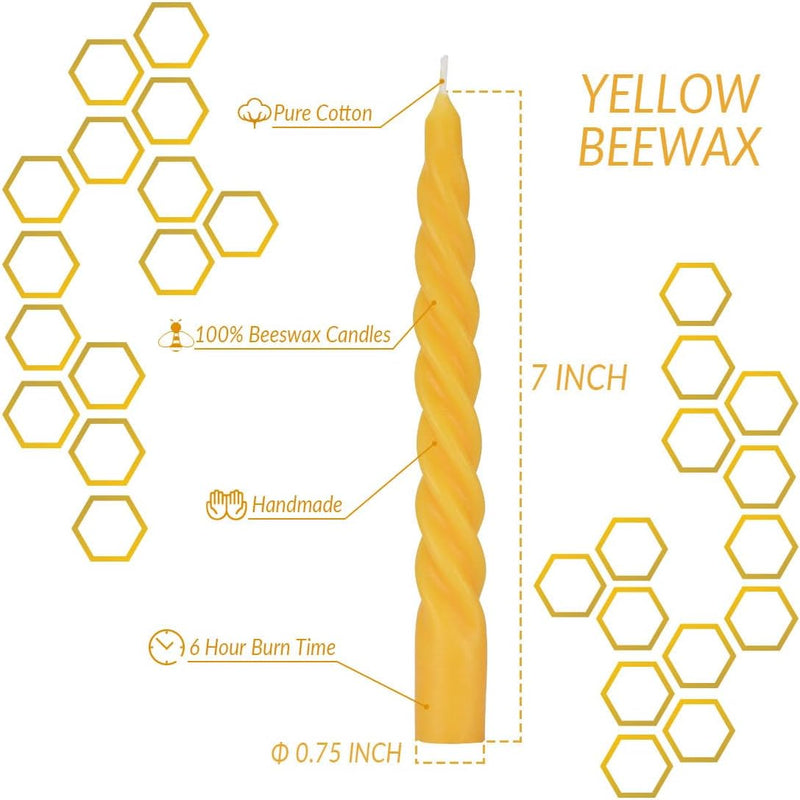 TELOSMA 12 PCS NATURAL BEESWAX SPIRAL TAPER CANDLES - 7.5 INCH TALL - YELLOW - Like New