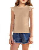FLYPIGS GIRLS T SHIRTS RUFFLE SLEEVE SUMMER CASUAL RIBBED 5-6Y WOMEN 120 - BEIGE - Brand New
