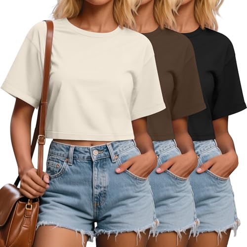 FICERD - WOMEN CROP TOPS HALF SLEEVE CROPPED T SHIRTS CREW NECK - SIZE: L - Like New