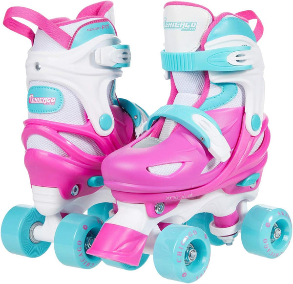 CHICAGO SKATES ADJUSTABLE QUAD ROLLER SKATE - SIZE: YOUTH 1-4 - PINK/WHITE/TEAL - Like New