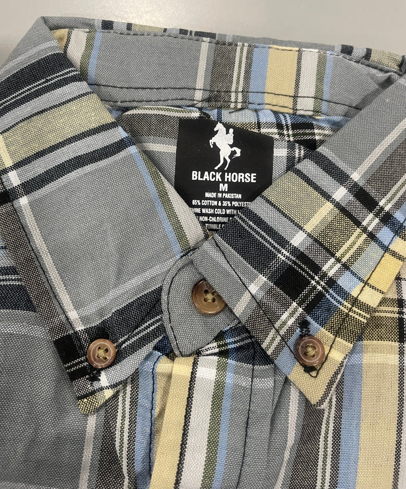 BLACK HORSE WOVEN PLAID SHIRT - MENS M - GRAY/BLACK/LIGHT BLUE/YELLOW/WHITE - Brand New