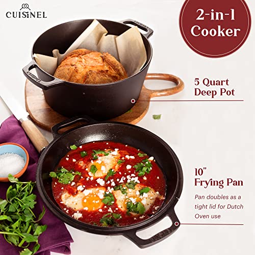 CUISINEL CAST IRON DUTCH OVEN 5-QUART DEEP POT PRESEASONED 2-in-1 - BLACK - Like New