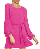 WOMEN'S 2024 FALL WINTER ELEGANT CHENILLE SWEATER DRESS MOCK NECK - HOT PINK - Like New