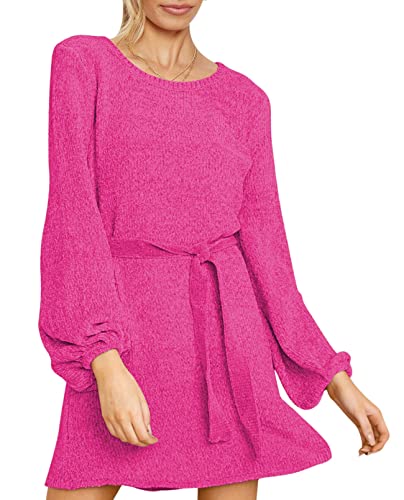 WOMEN'S 2024 FALL WINTER ELEGANT CHENILLE SWEATER DRESS MOCK NECK - HOT PINK - Like New