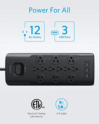 ANKER POWER STRIP SURGE PROTECTOR 12 OUTLETS & 3 USB-A A2762 - BLACK - Like New