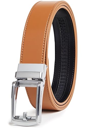 CARLO FELLINI GENUINE LEATHER RATCHET BELT - TAN BELT / SILVER BUCKLE 52 INCH - Brand New