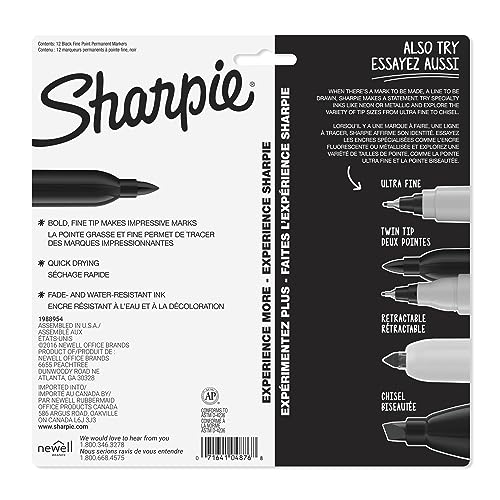 SHARPIE PERMANENT FINE-POINT MARKERS GRAY BARREL BLACK INK PACK 12 MARKERS - Brand New