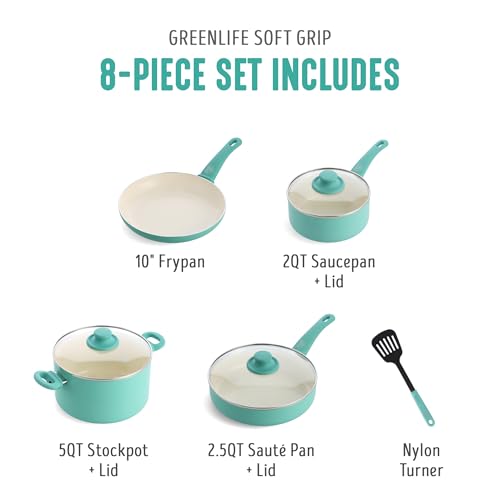 GreenLife 8 Piece Nonstick Cookware Set, Non-Toxic CC009158-001 - Turquoise - Like New