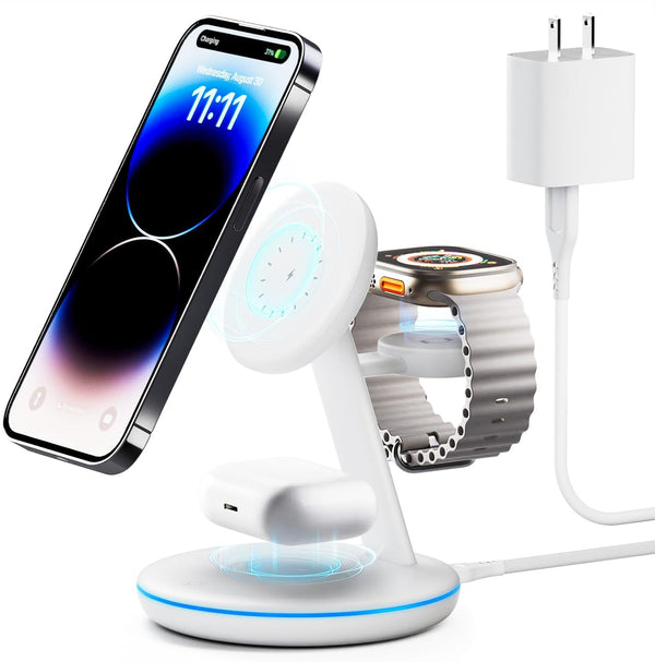 PEXXUS 3 in 1 Fast Magnetic Charging Station for Apple Devices,15W W309 - White Like New