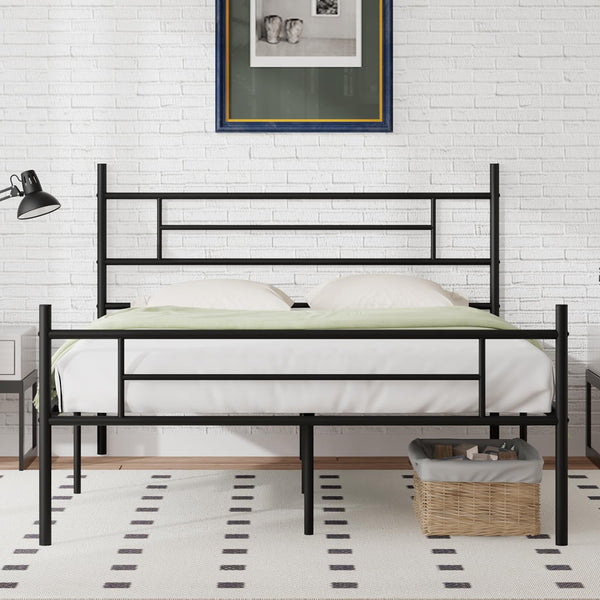 NOVILLA QUEEN SIZE BED FRAME HEADBOARD FOOTBOARD 14" METAL PLATFORM - DARK BLACK - Like New