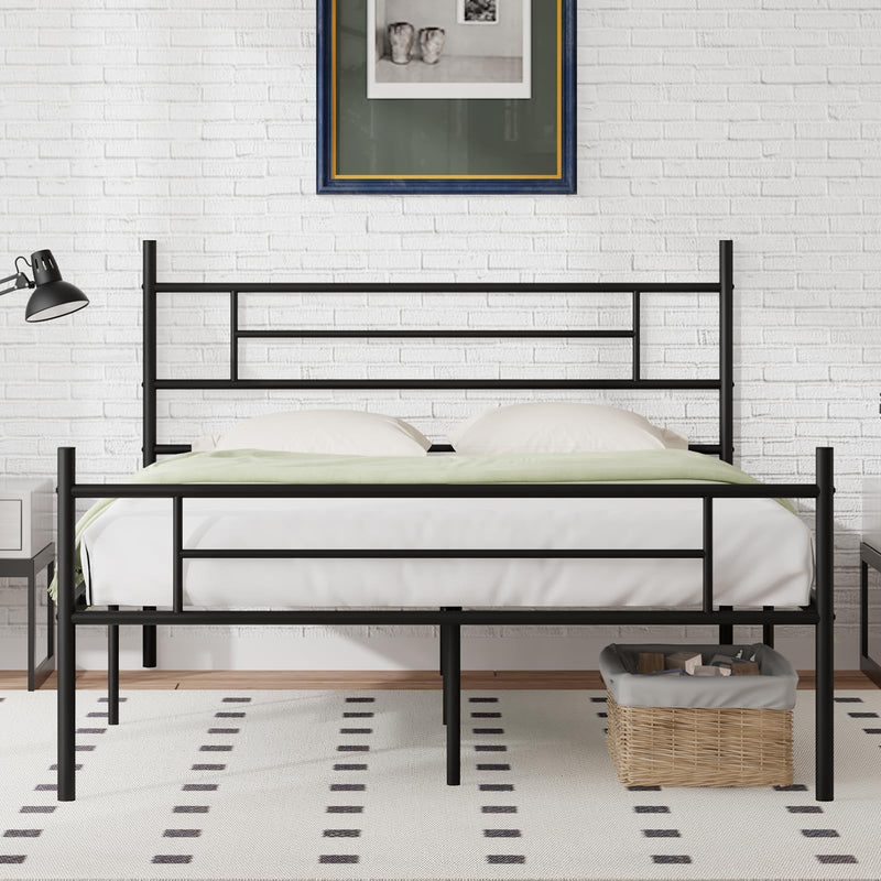 NOVILLA QUEEN SIZE BED FRAME HEADBOARD FOOTBOARD 14" METAL PLATFORM - DARK BLACK - Like New