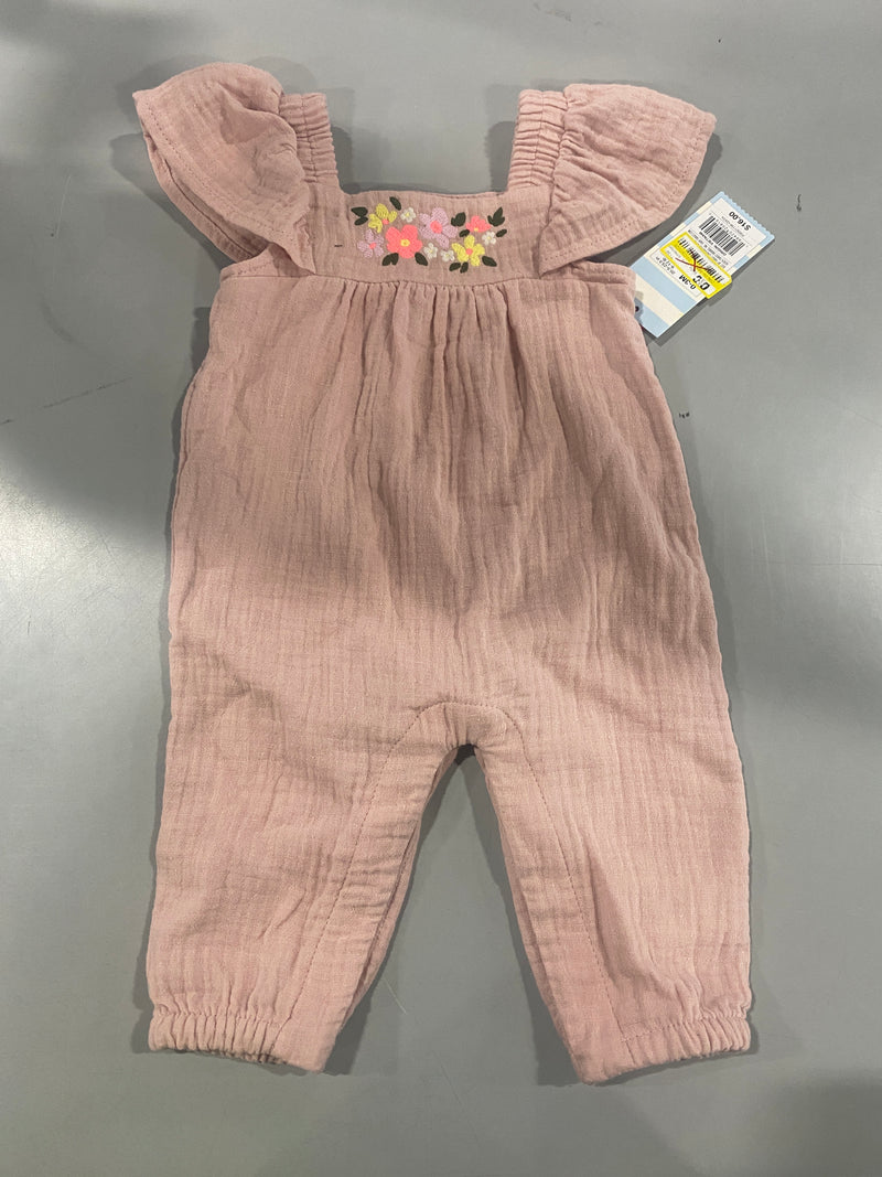 CAT & JACK BABY GIRLS' EMBROIDERED RUFFLE LONG SLEEVE ROMPER - SIZE 0-3M - PINK - Brand New