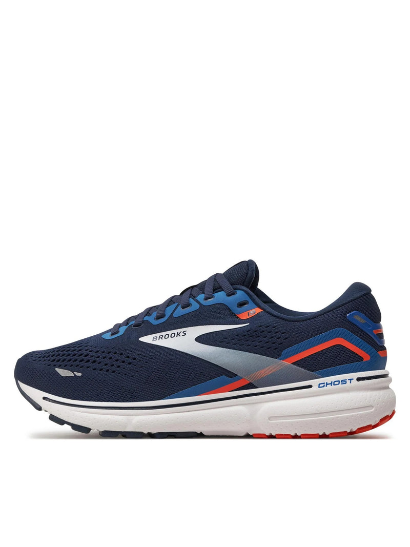 BROOKS MEN'S GHOST 15 RUNNING SHOE - PEACOAT/WHITE/ORANGE/SURF THE WEB - SIZE 11 - Like New