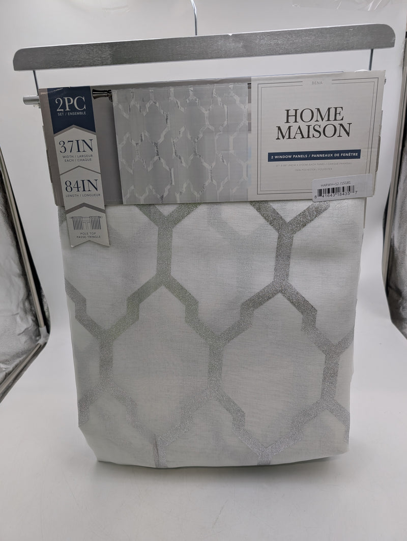 HOME MAISON GEOMETRIC WINDOW CURTAIN, 37X84 (2 PIECES), WHITE-SILVER - Brand New