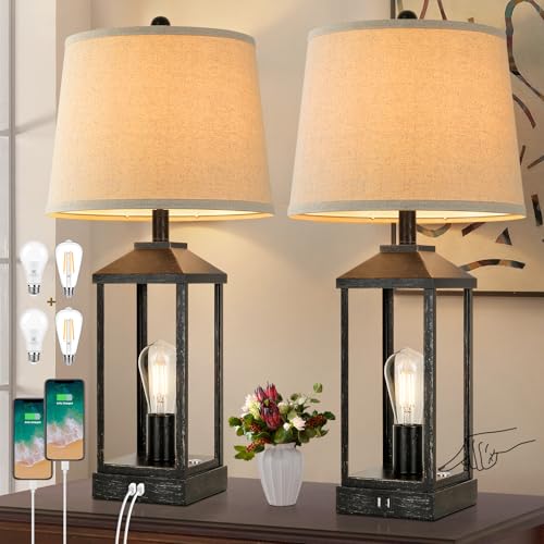BRIGHTEVER 28" FARMHOUSE TABLE LAMPS SET OF 2 BEDSIDE LAMP USB 3-WAY - BLACK - Like New