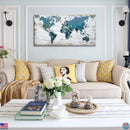 TEAL DECOR TEAL WORLD MAP CANVAS WALL ART 20"X40" - WHITE BLUE GREEN - Like New