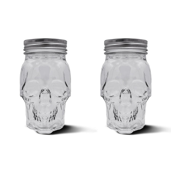 DURA LIVING Set of 2 Skull Mason Jar Glasses with Lids | 16oz - Like New