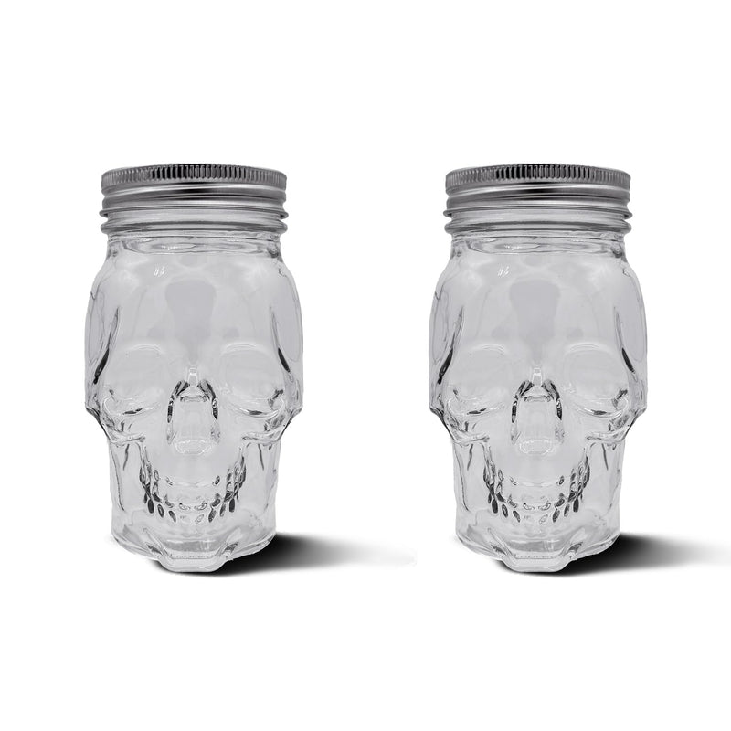 DURA LIVING Set of 2 Skull Mason Jar Glasses with Lids | 16oz - Like New